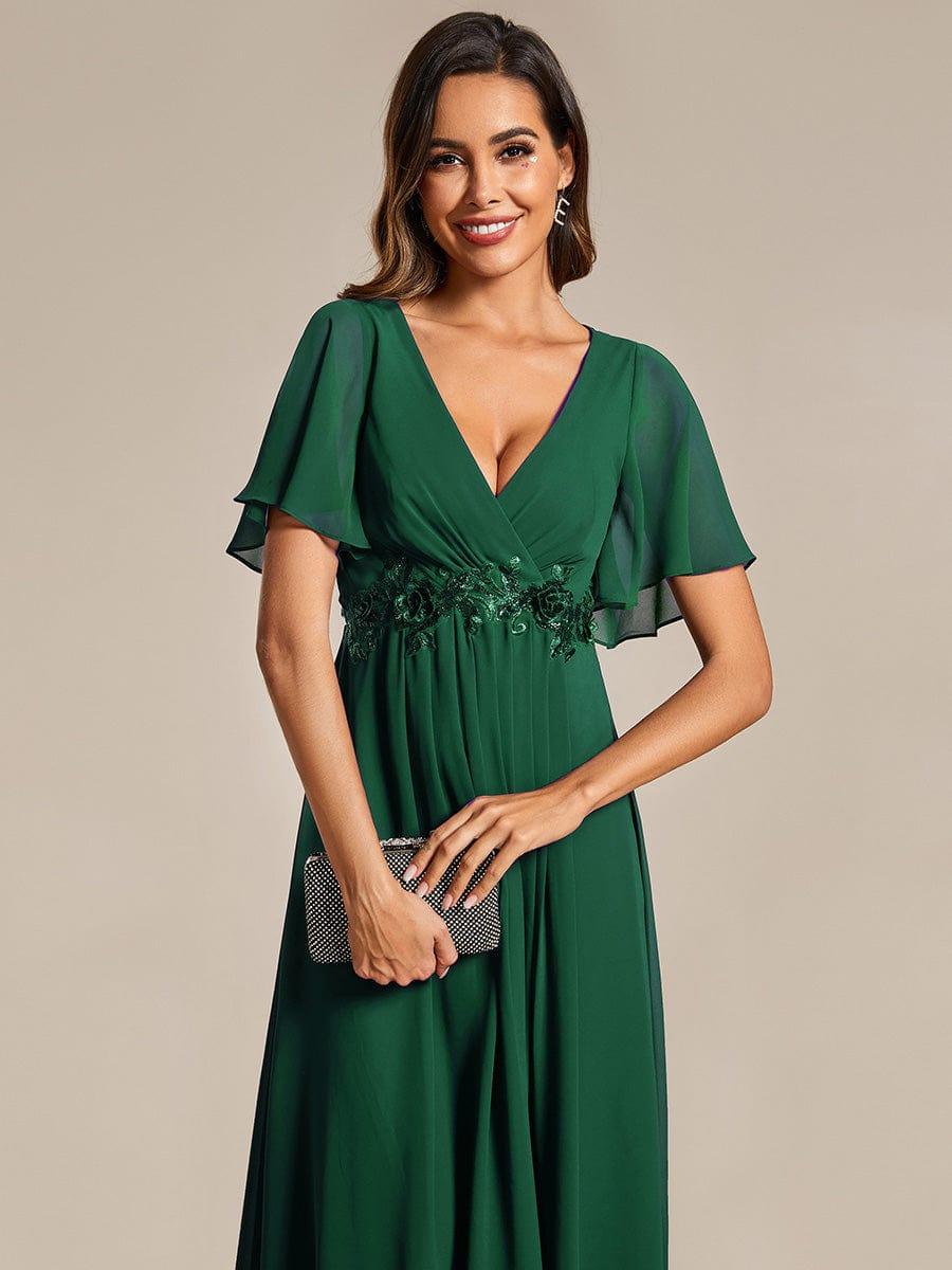 DAHLIA|Floral Applique Short Sleeve V-Neck Chiffon Bridesmaid Dress