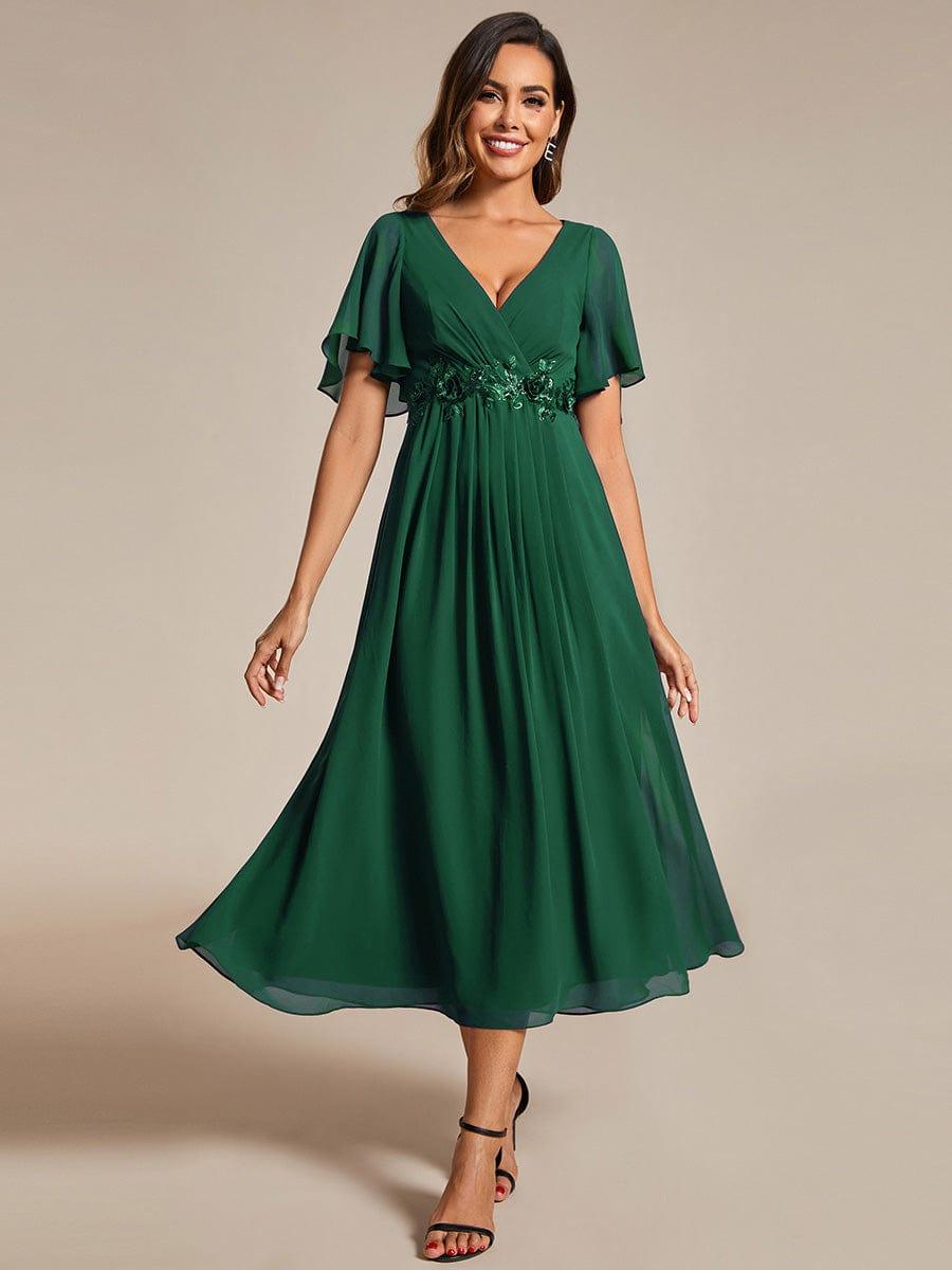 DAHLIA|Floral Applique Short Sleeve V-Neck Chiffon Bridesmaid Dress