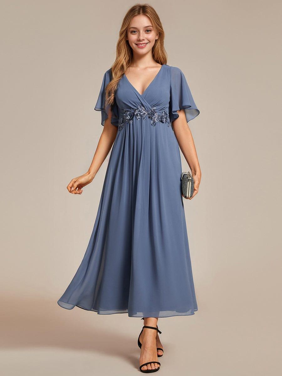 DAHLIA|Floral Applique Short Sleeve V-Neck Chiffon Bridesmaid Dress