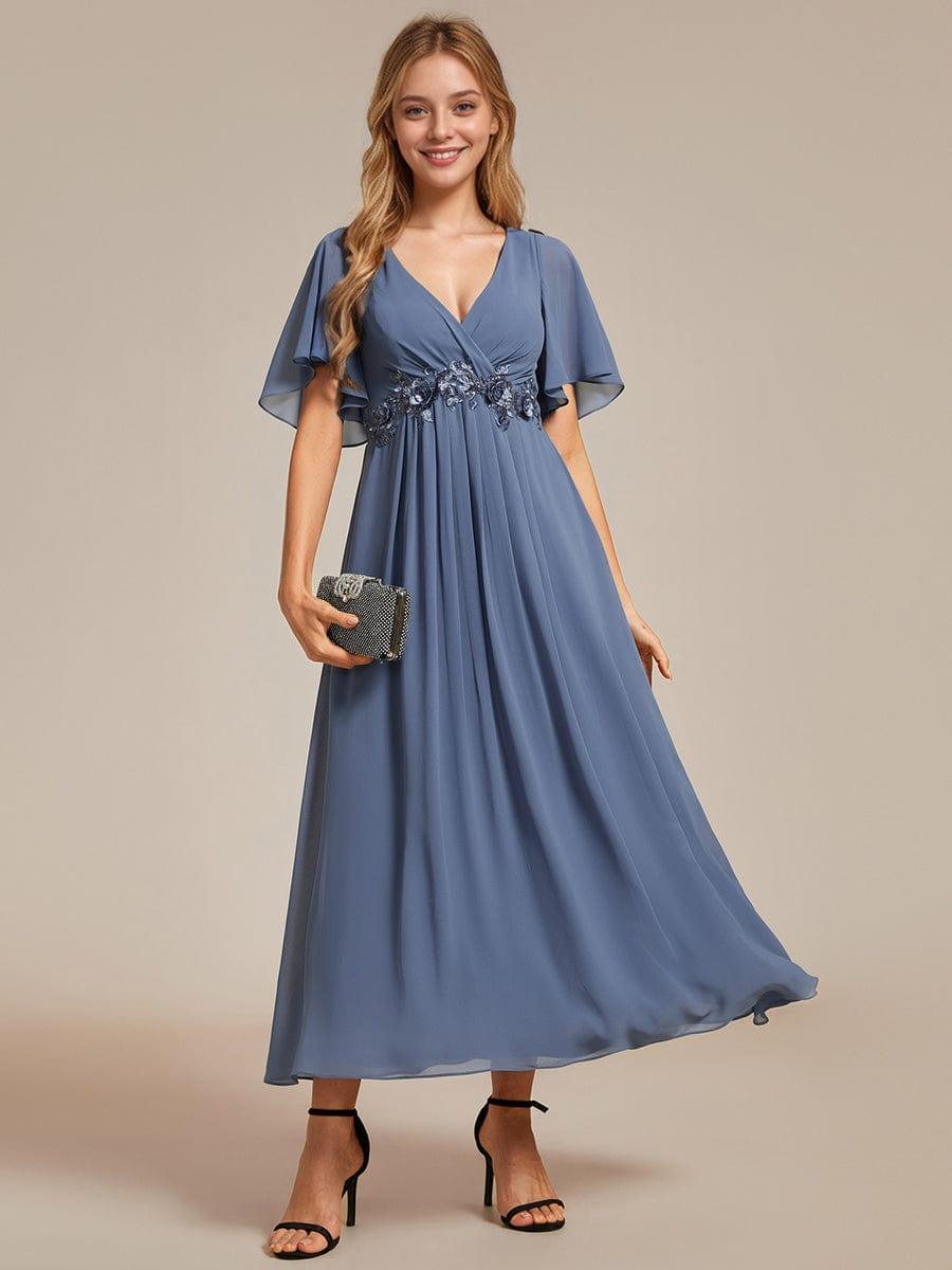 DAHLIA|Floral Applique Short Sleeve V-Neck Chiffon Bridesmaid Dress