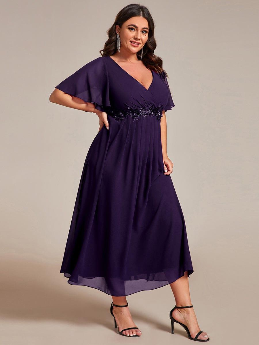 DAHLIA|Floral Applique Short Sleeve V-Neck Chiffon Bridesmaid Dress