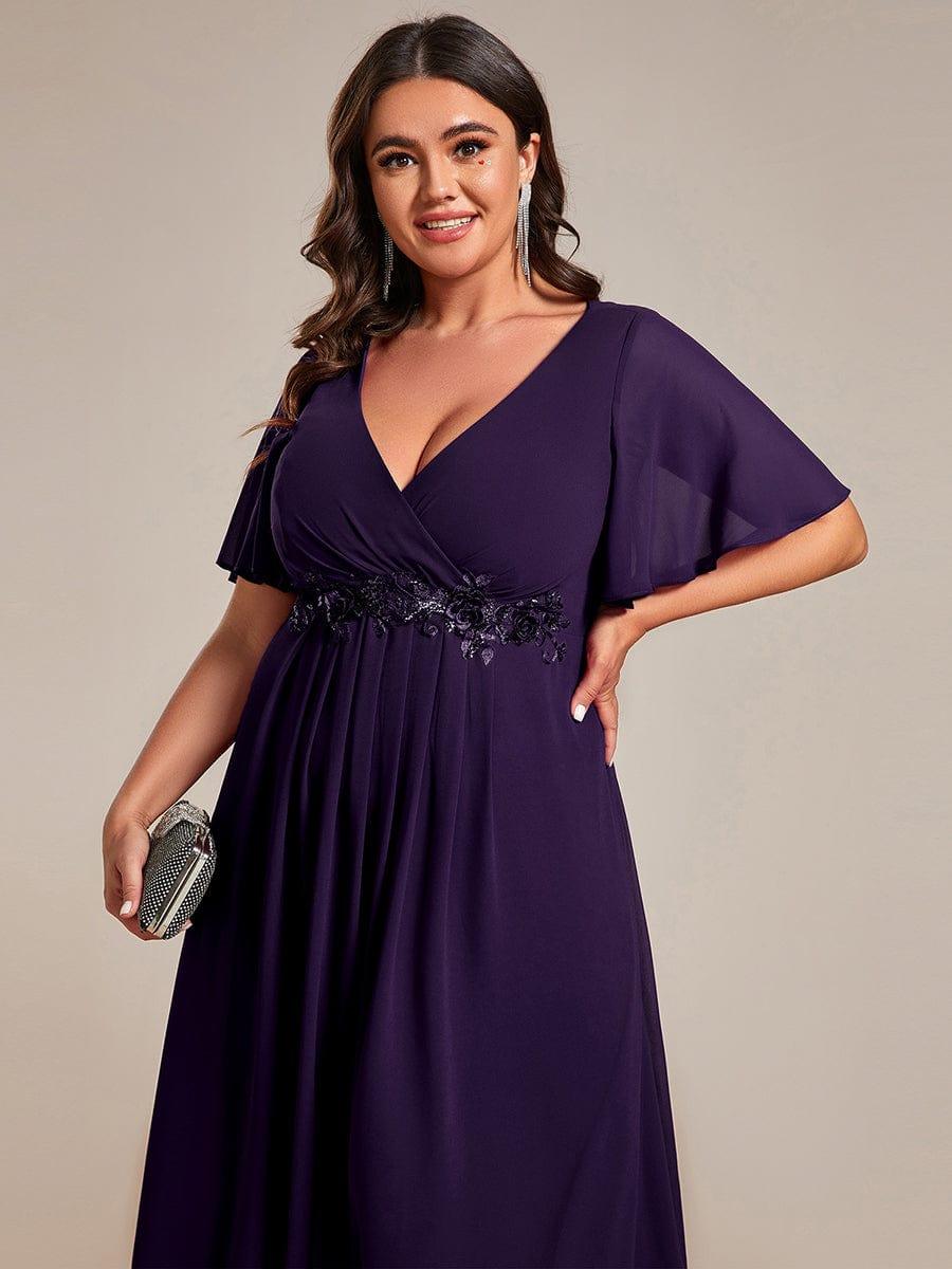 DAHLIA|Floral Applique Short Sleeve V-Neck Chiffon Bridesmaid Dress