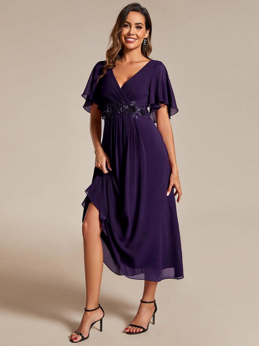 DAHLIA|Floral Applique Short Sleeve V-Neck Chiffon Bridesmaid Dress