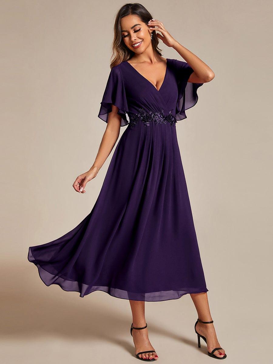 DAHLIA|Floral Applique Short Sleeve V-Neck Chiffon Bridesmaid Dress