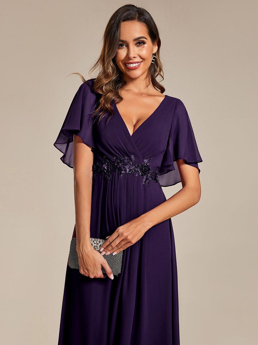 DAHLIA|Floral Applique Short Sleeve V-Neck Chiffon Bridesmaid Dress