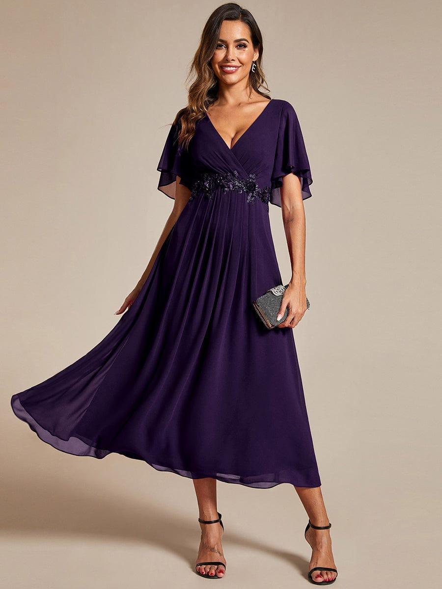 DAHLIA|Floral Applique Short Sleeve V-Neck Chiffon Bridesmaid Dress