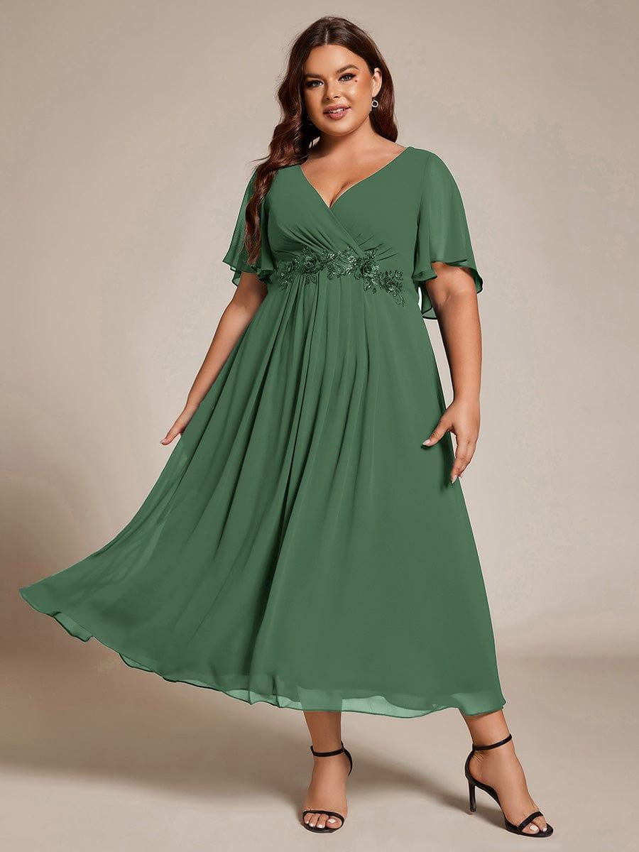 DAHLIA|Floral Applique Short Sleeve V-Neck Chiffon Bridesmaid Dress