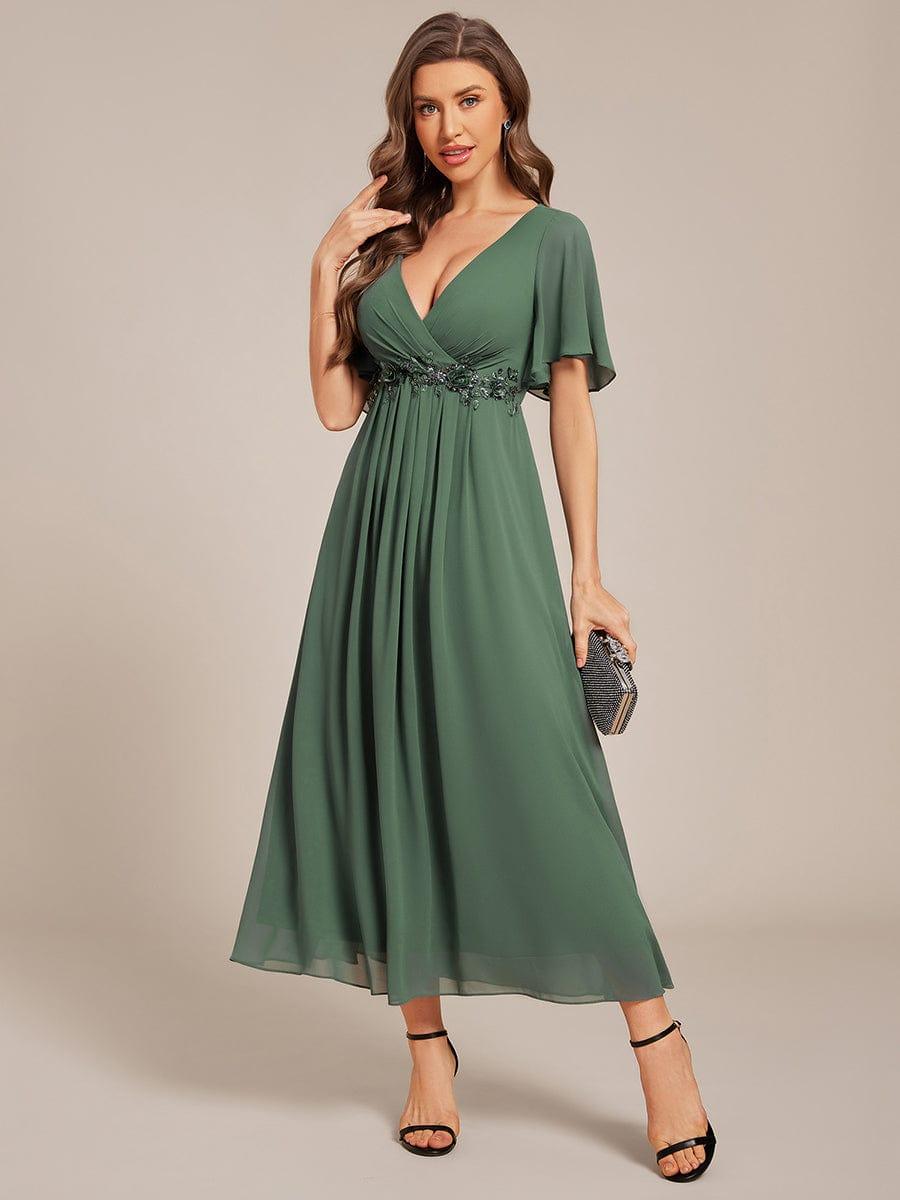 DAHLIA|Floral Applique Short Sleeve V-Neck Chiffon Bridesmaid Dress