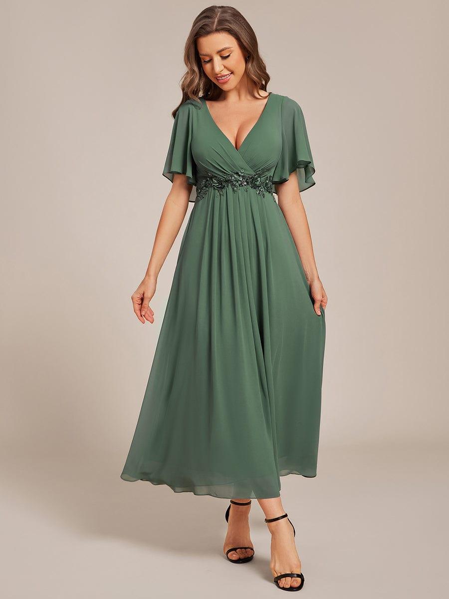 DAHLIA|Floral Applique Short Sleeve V-Neck Chiffon Bridesmaid Dress