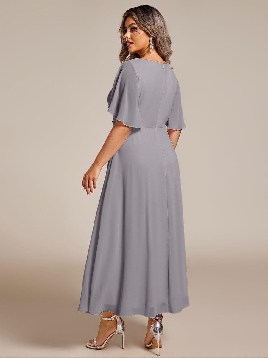 DAHLIA|Floral Applique Short Sleeve V-Neck Chiffon Bridesmaid Dress