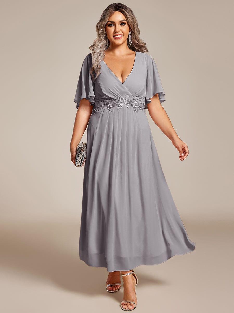 DAHLIA|Floral Applique Short Sleeve V-Neck Chiffon Bridesmaid Dress