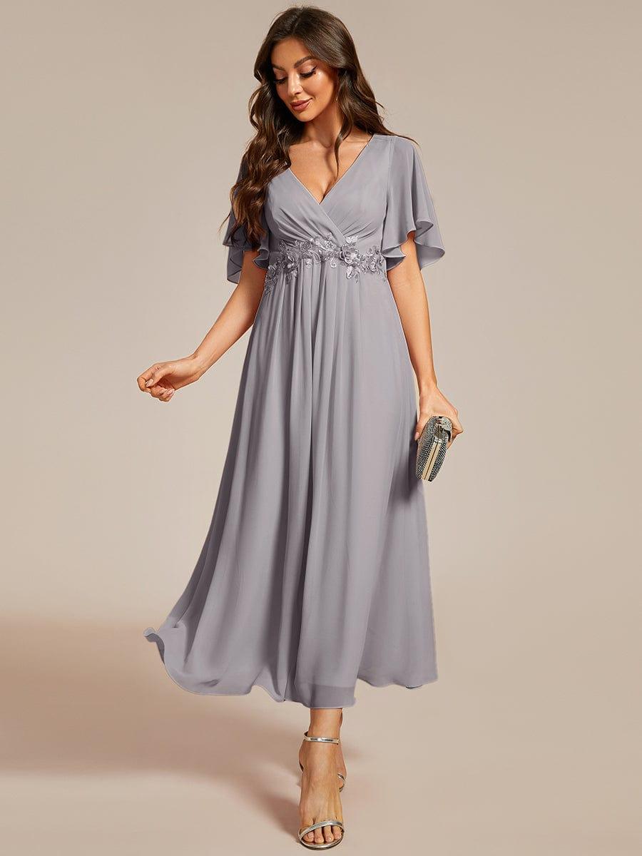 DAHLIA|Floral Applique Short Sleeve V-Neck Chiffon Bridesmaid Dress