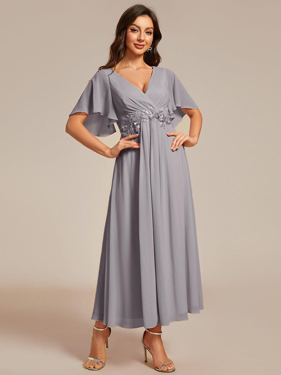 DAHLIA|Floral Applique Short Sleeve V-Neck Chiffon Bridesmaid Dress