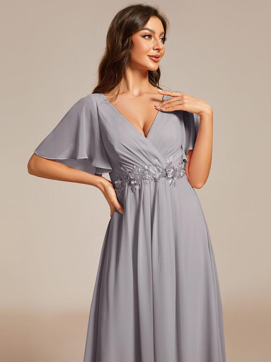 DAHLIA|Floral Applique Short Sleeve V-Neck Chiffon Bridesmaid Dress