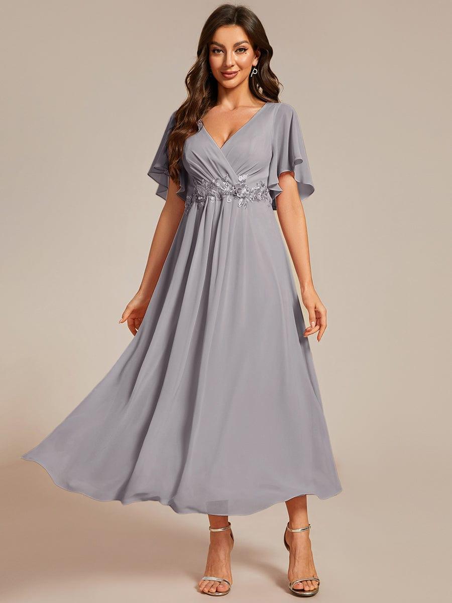 DAHLIA|Floral Applique Short Sleeve V-Neck Chiffon Bridesmaid Dress