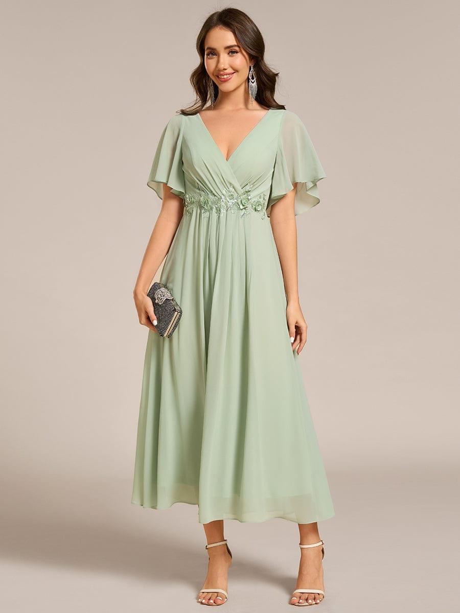 DAHLIA|Floral Applique Short Sleeve V-Neck Chiffon Bridesmaid Dress