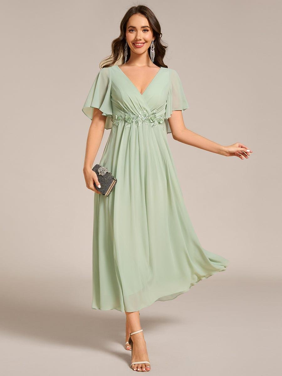 DAHLIA|Floral Applique Short Sleeve V-Neck Chiffon Bridesmaid Dress
