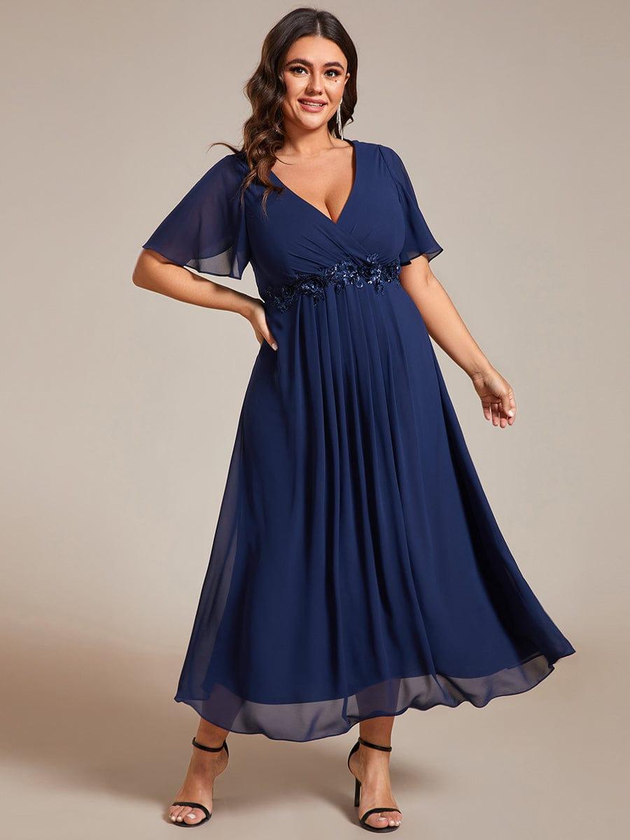 DAHLIA|Floral Applique Short Sleeve V-Neck Chiffon Bridesmaid Dress