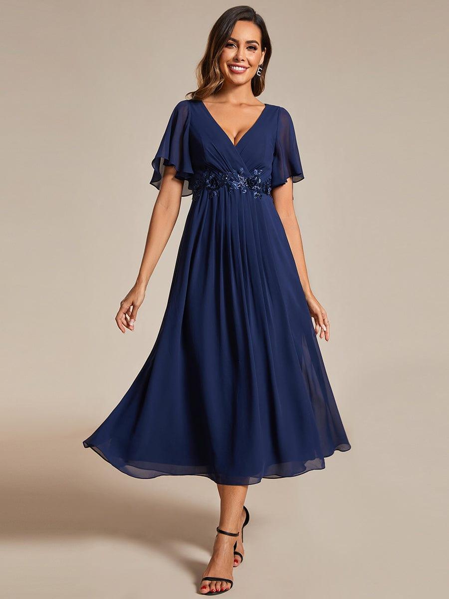 DAHLIA|Floral Applique Short Sleeve V-Neck Chiffon Bridesmaid Dress