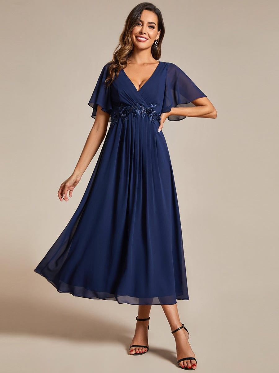 DAHLIA|Floral Applique Short Sleeve V-Neck Chiffon Bridesmaid Dress
