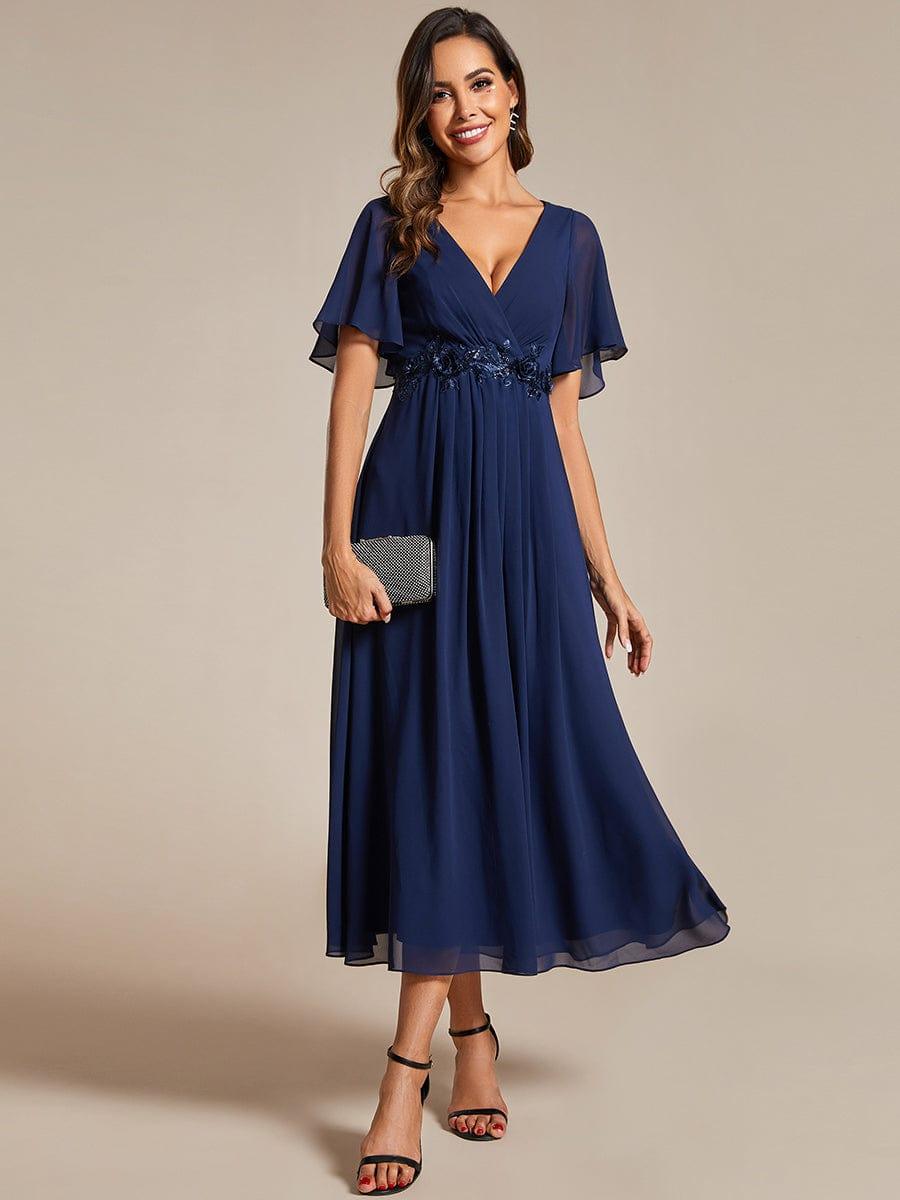 DAHLIA|Floral Applique Short Sleeve V-Neck Chiffon Bridesmaid Dress