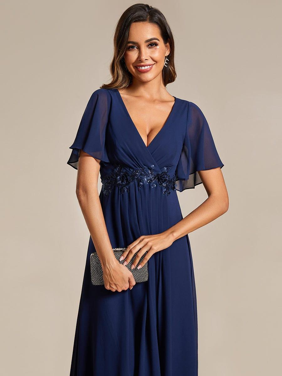 DAHLIA|Floral Applique Short Sleeve V-Neck Chiffon Bridesmaid Dress