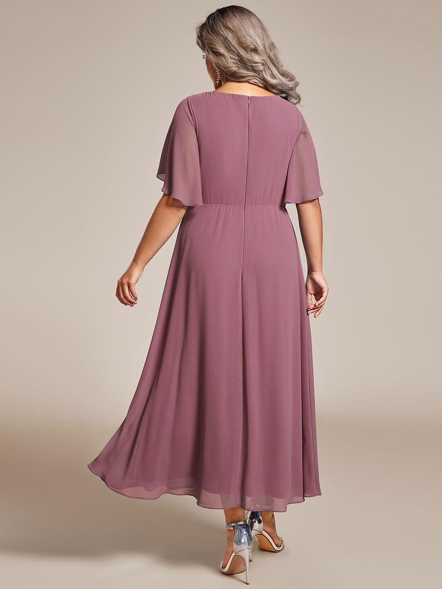 DAHLIA|Floral Applique Short Sleeve V-Neck Chiffon Bridesmaid Dress