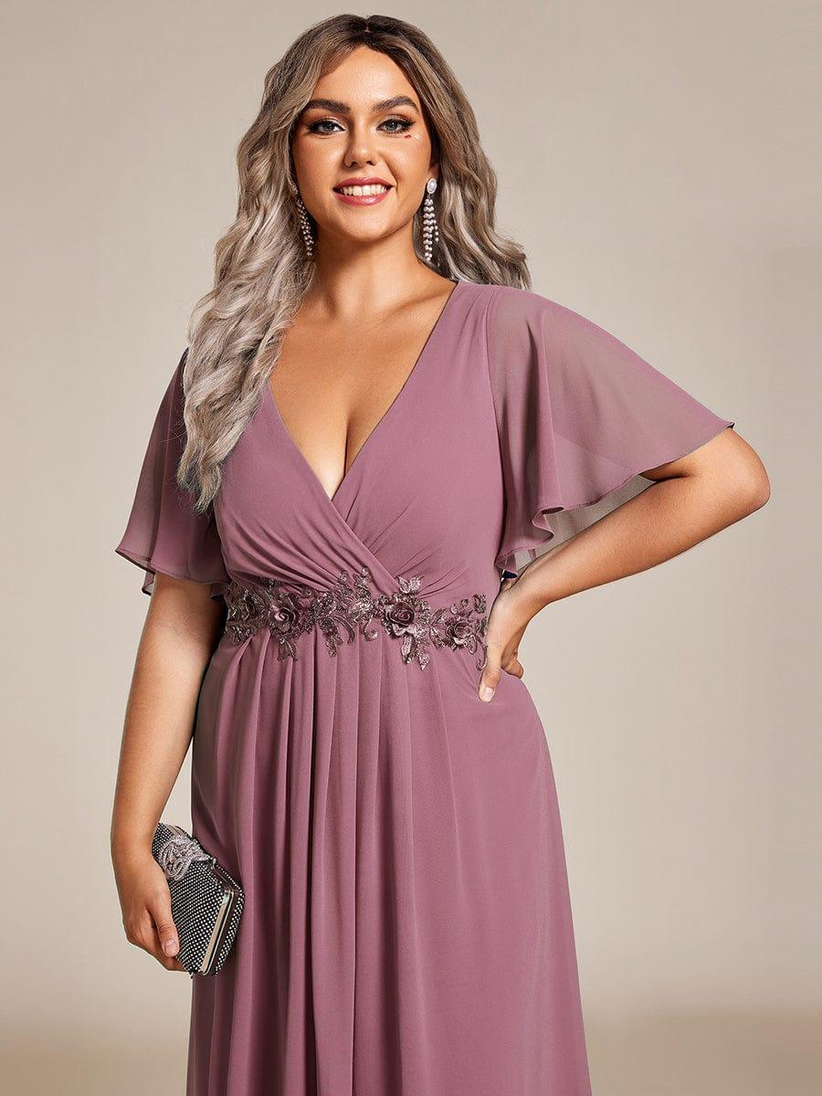 DAHLIA|Floral Applique Short Sleeve V-Neck Chiffon Bridesmaid Dress