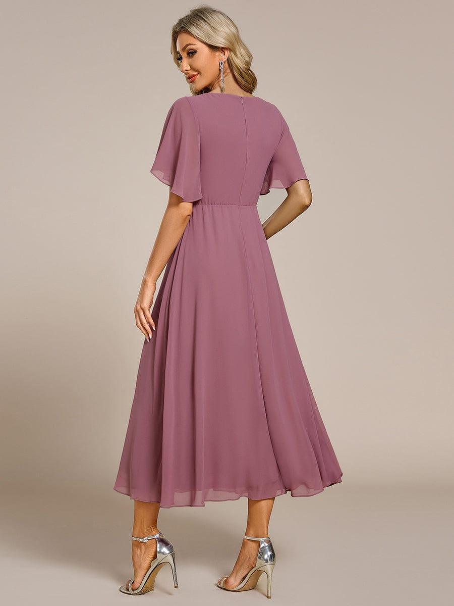DAHLIA|Floral Applique Short Sleeve V-Neck Chiffon Bridesmaid Dress