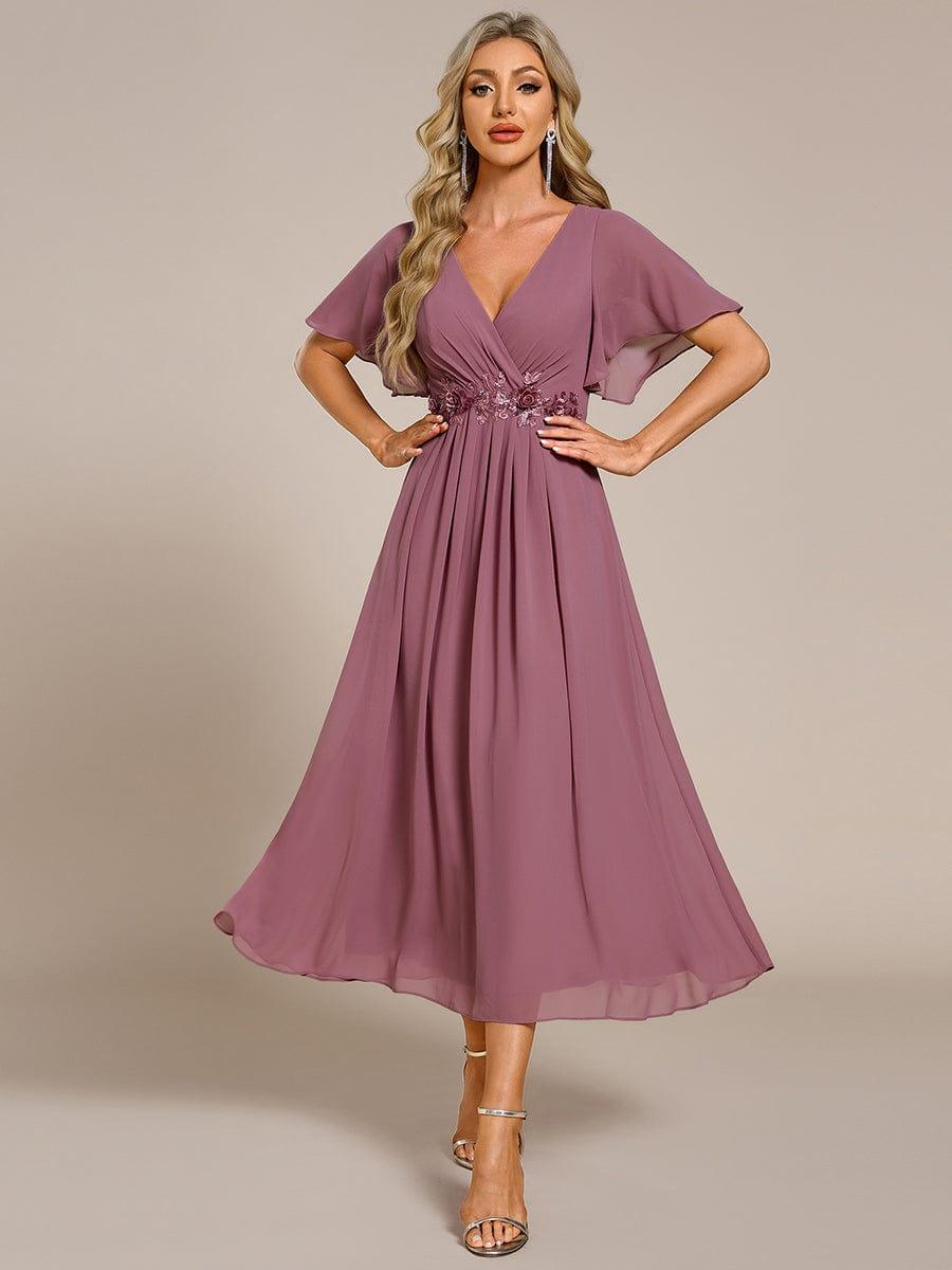 DAHLIA|Floral Applique Short Sleeve V-Neck Chiffon Bridesmaid Dress