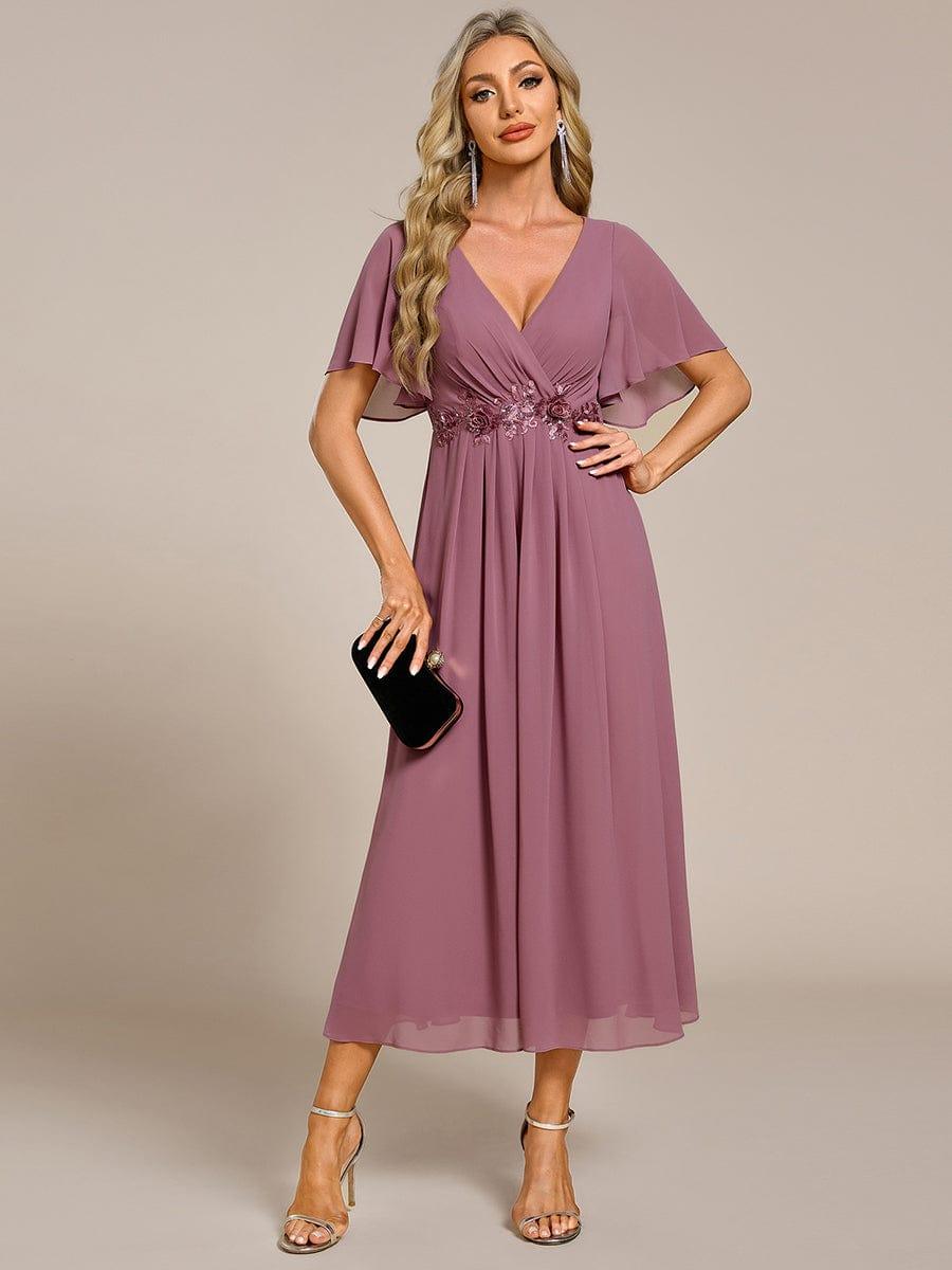 DAHLIA|Floral Applique Short Sleeve V-Neck Chiffon Bridesmaid Dress