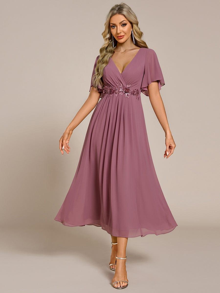 DAHLIA|Floral Applique Short Sleeve V-Neck Chiffon Bridesmaid Dress
