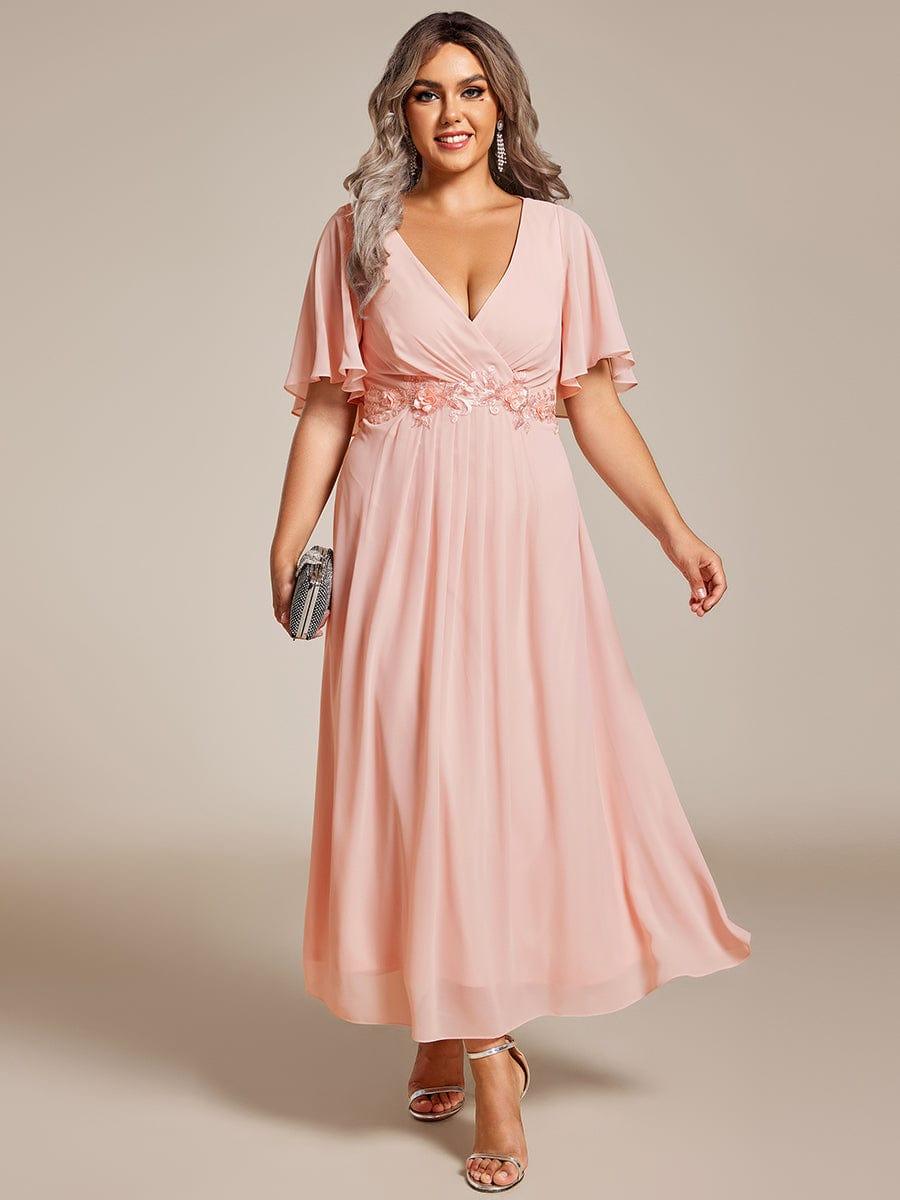 DAHLIA|Floral Applique Short Sleeve V-Neck Chiffon Bridesmaid Dress