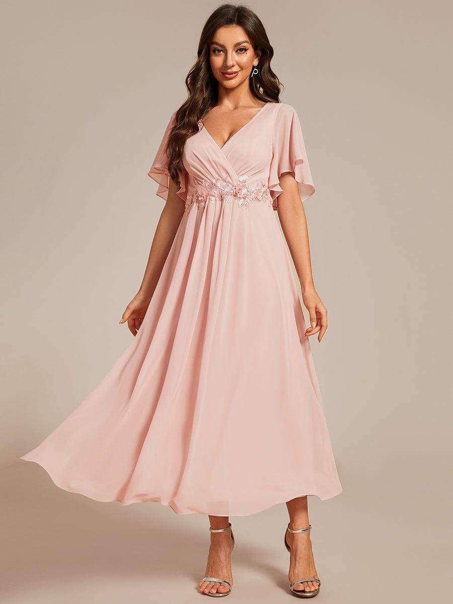 DAHLIA|Floral Applique Short Sleeve V-Neck Chiffon Bridesmaid Dress