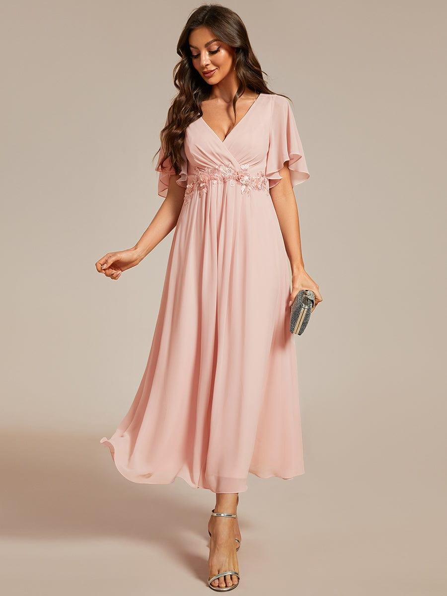 DAHLIA|Floral Applique Short Sleeve V-Neck Chiffon Bridesmaid Dress