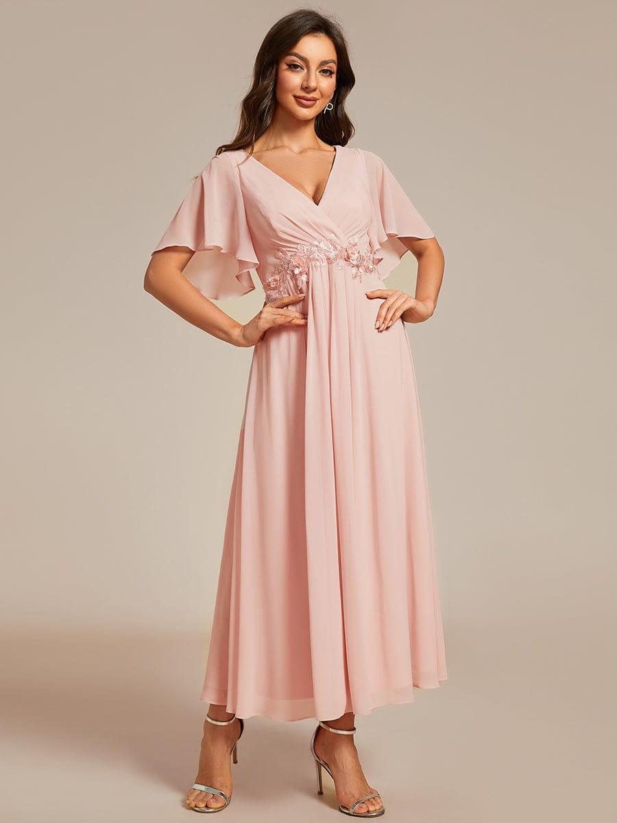 DAHLIA|Floral Applique Short Sleeve V-Neck Chiffon Bridesmaid Dress