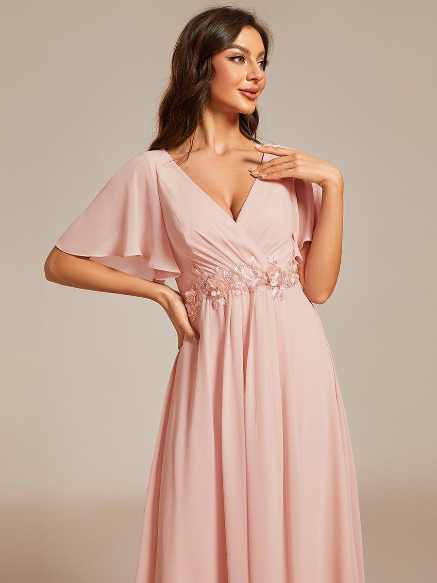 DAHLIA|Floral Applique Short Sleeve V-Neck Chiffon Bridesmaid Dress