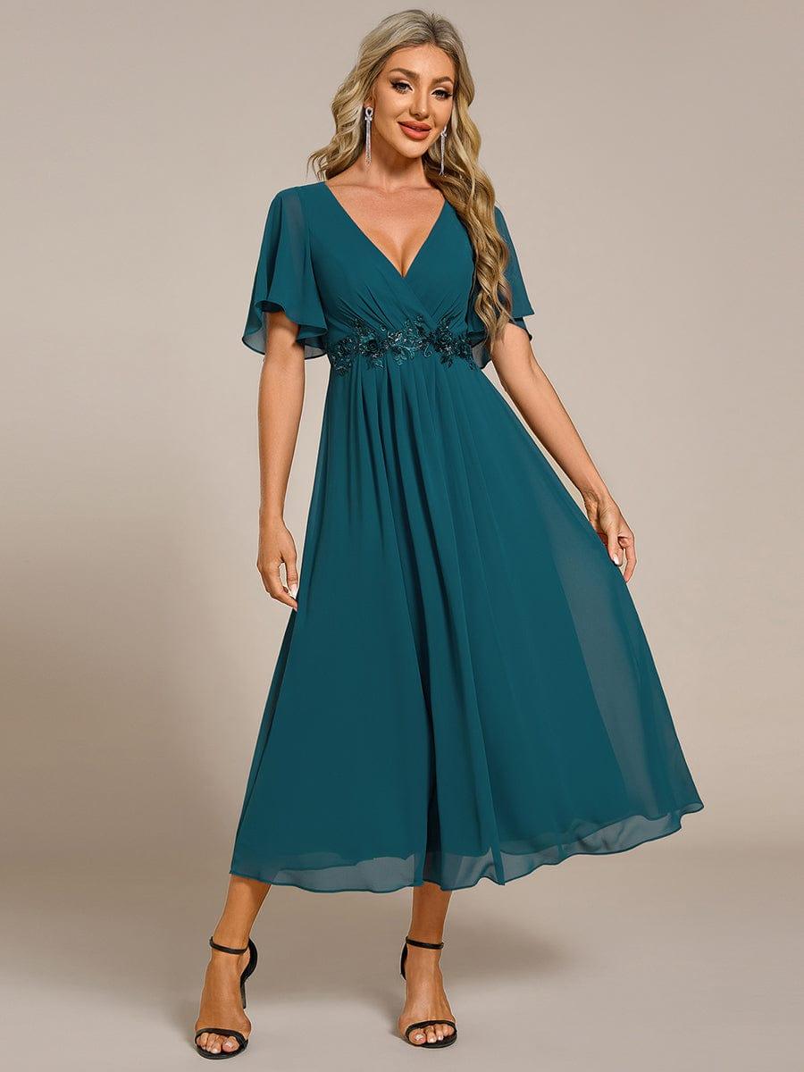 DAHLIA|Floral Applique Short Sleeve V-Neck Chiffon Bridesmaid Dress