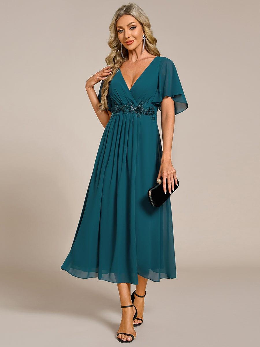 DAHLIA|Floral Applique Short Sleeve V-Neck Chiffon Bridesmaid Dress
