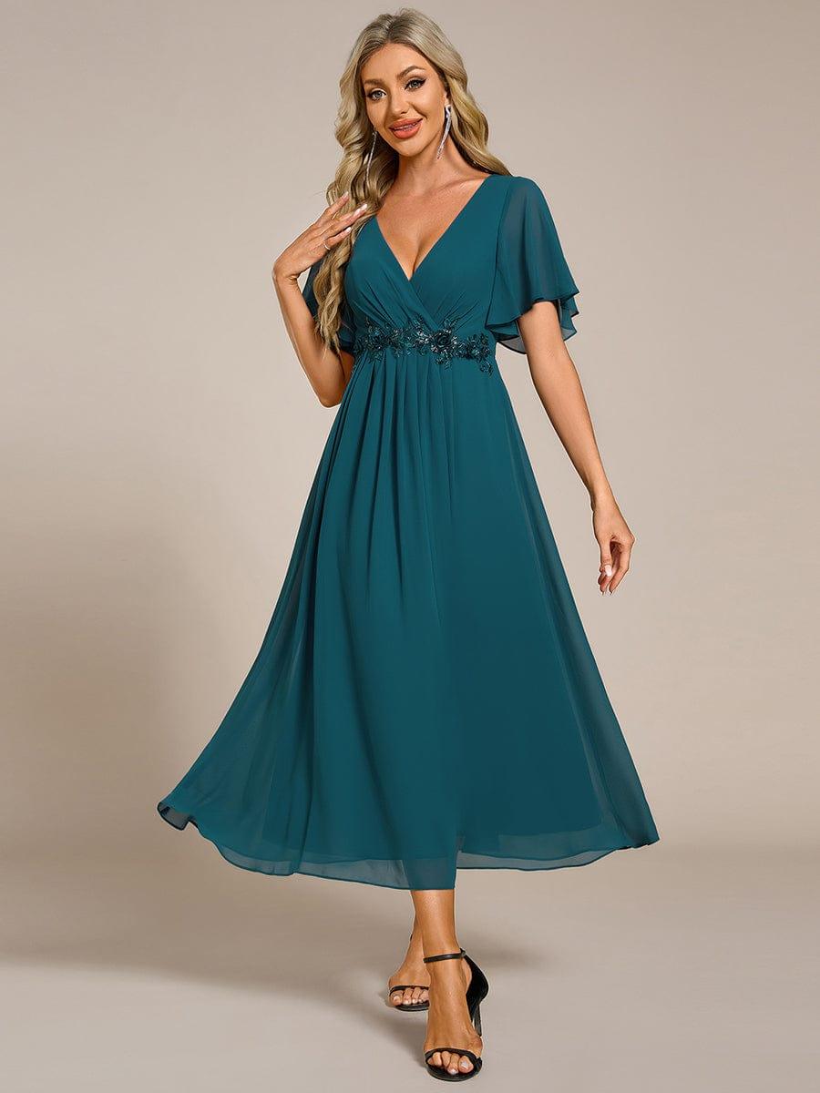 DAHLIA|Floral Applique Short Sleeve V-Neck Chiffon Bridesmaid Dress