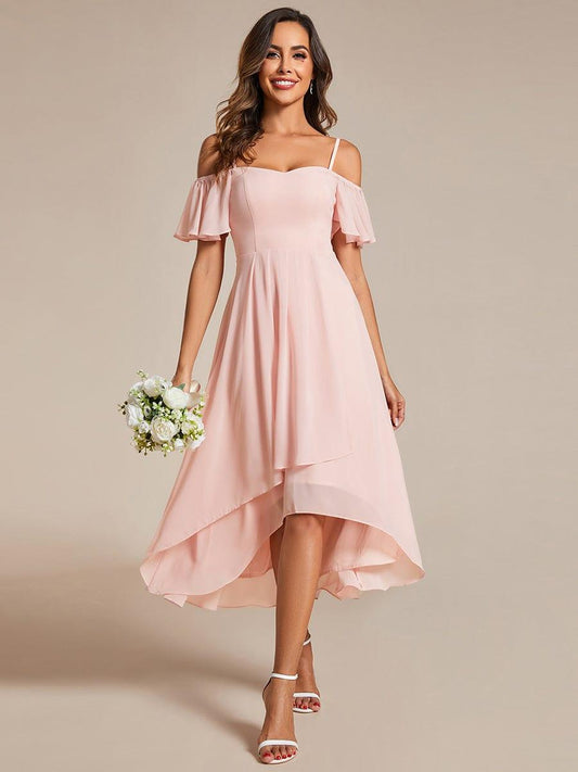 JORDANE|Spaghetti Strap Cold Shoulder Chiffon A-Line Midi Bridesmaid Dress