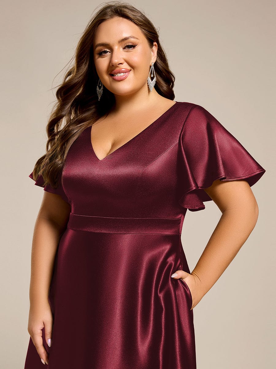 SCARLEN|Satin V-Neck Flutter Sleeve Midi Bridesmaid Dress with Pockets