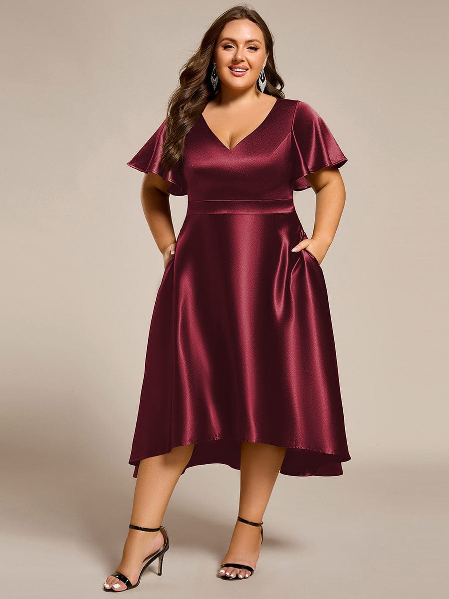 SCARLEN|Satin V-Neck Flutter Sleeve Midi Bridesmaid Dress with Pockets