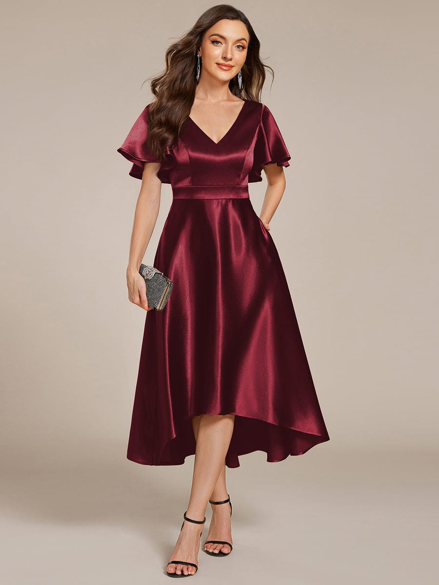 SCARLEN|Satin V-Neck Flutter Sleeve Midi Bridesmaid Dress with Pockets