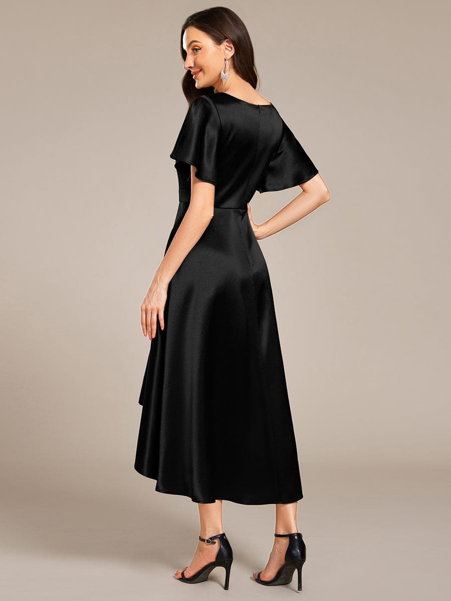 SCARLEN|Satin V-Neck Flutter Sleeve Midi Bridesmaid Dress with Pockets