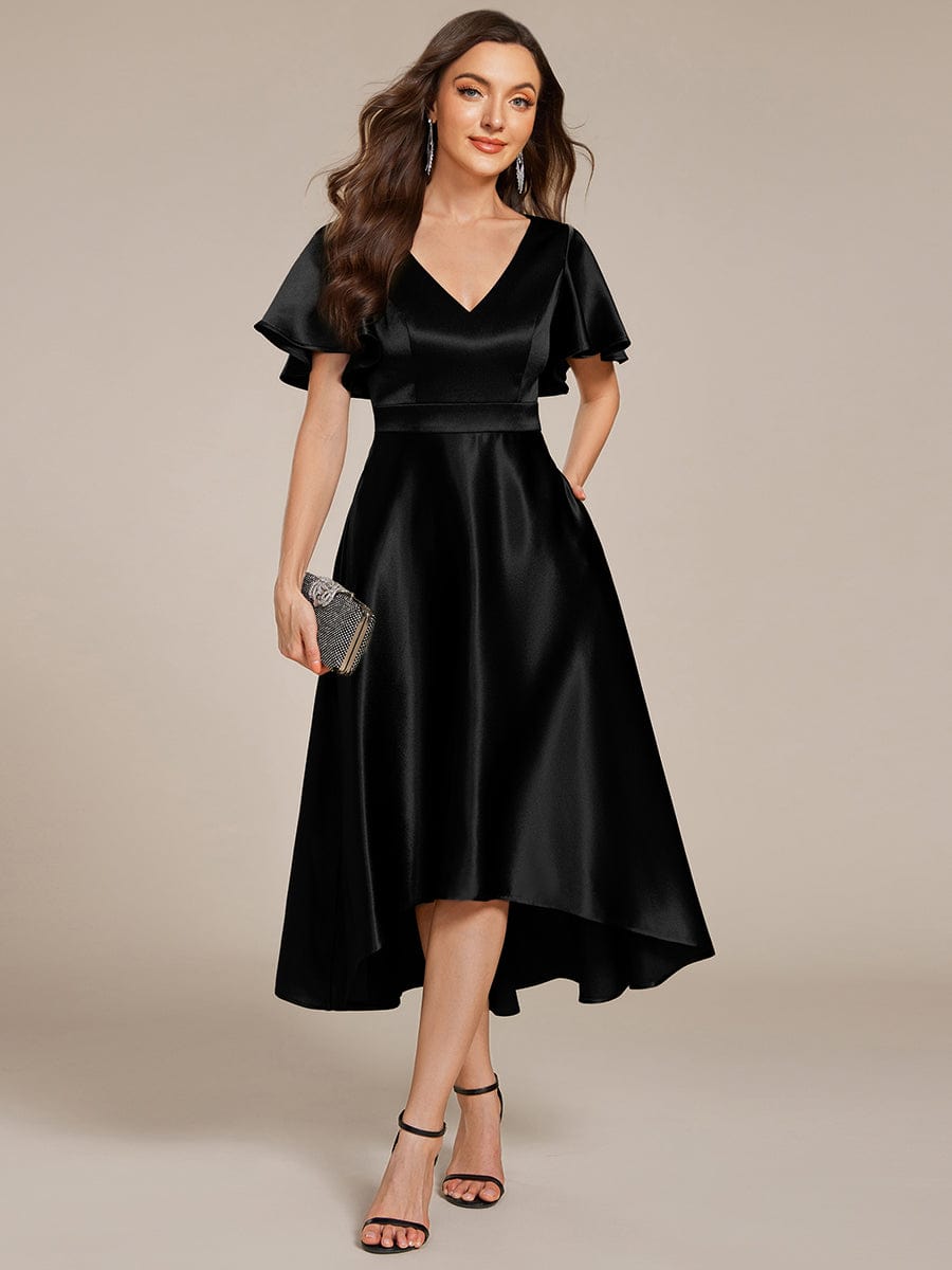 SCARLEN|Satin V-Neck Flutter Sleeve Midi Bridesmaid Dress with Pockets