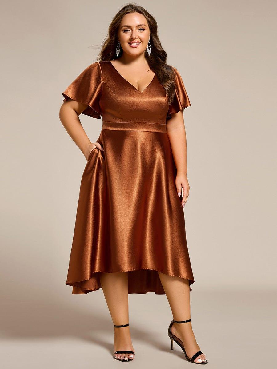 SCARLEN|Satin V-Neck Flutter Sleeve Midi Bridesmaid Dress with Pockets