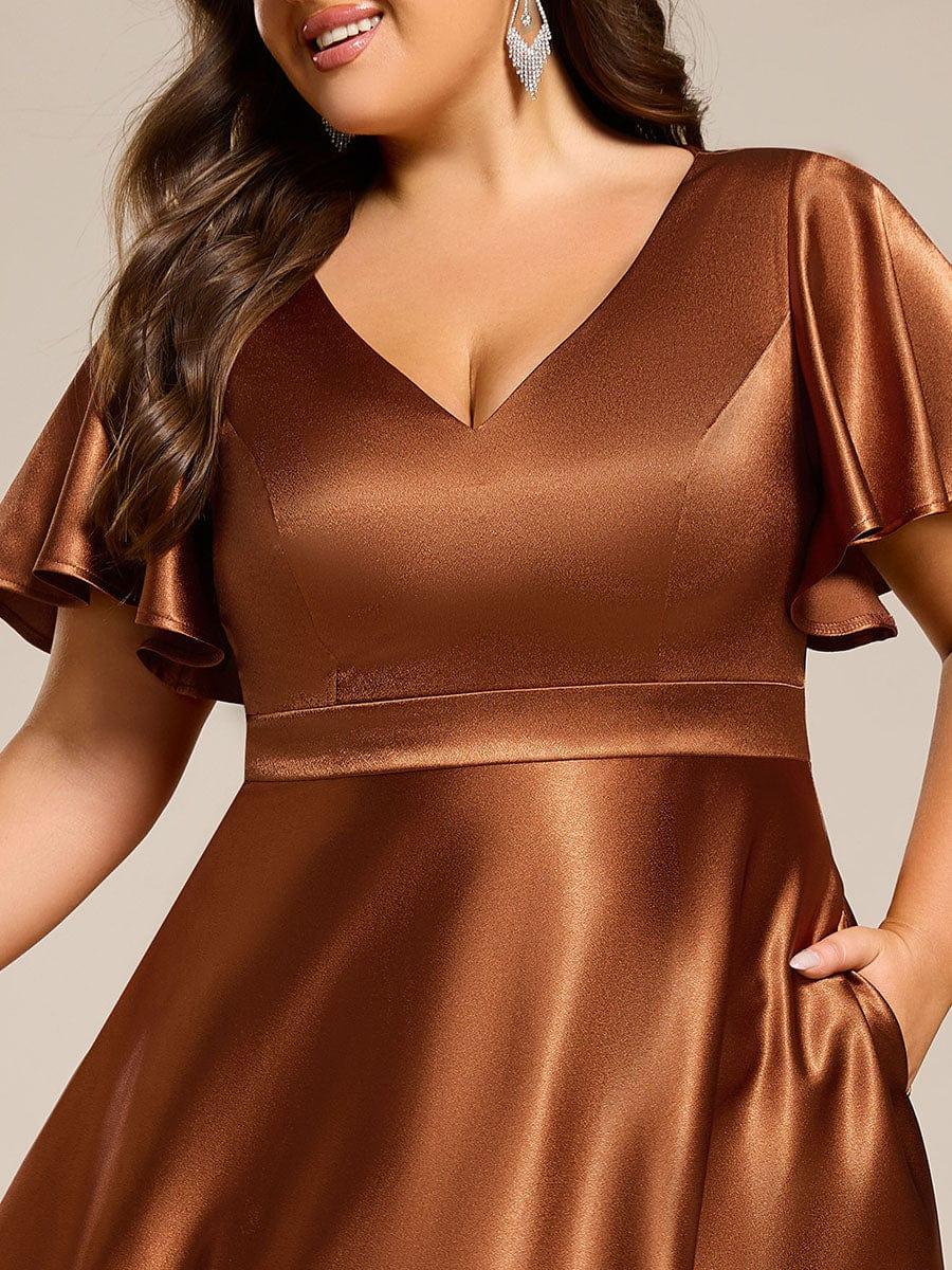 SCARLEN|Satin V-Neck Flutter Sleeve Midi Bridesmaid Dress with Pockets