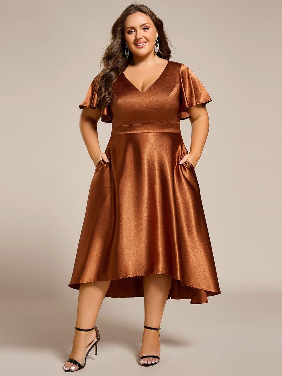 SCARLEN|Satin V-Neck Flutter Sleeve Midi Bridesmaid Dress with Pockets