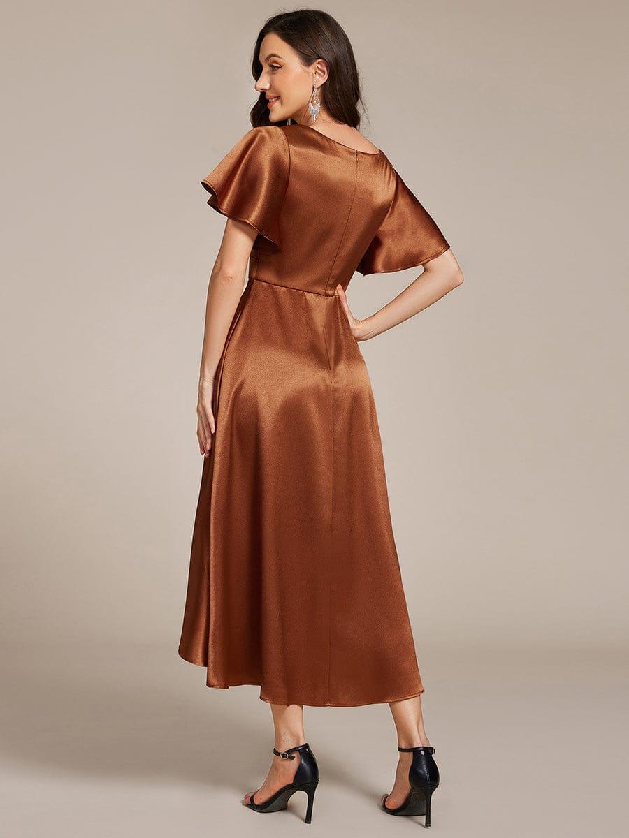 SCARLEN|Satin V-Neck Flutter Sleeve Midi Bridesmaid Dress with Pockets